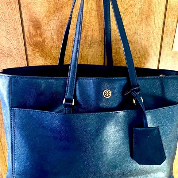 Tory Burch Robinson Large Triple Compartment Navy Blue Saffiano Leather Tote - Picture 3 of 16